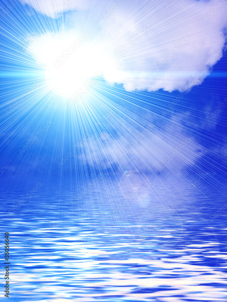 Background with white clouds, sun, sky and water Background with white clouds, sun, sky and water