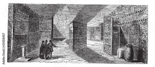 Catacombs or Ossuary,Paris, France vintage engraving