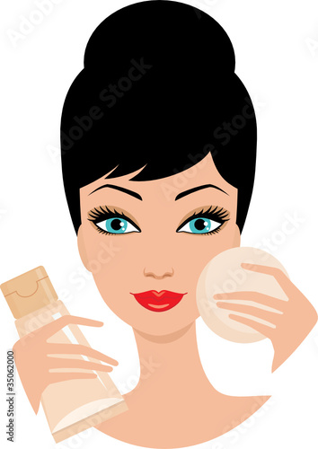 Beautiful young woman with foundation cream. vector