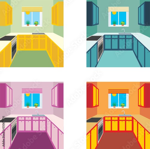 Kitchen interior in four color variants. vector