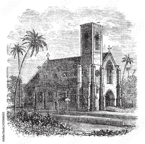 Saint Lucia Cathedral, in Colombo, Sri Lanka, vintage engraving