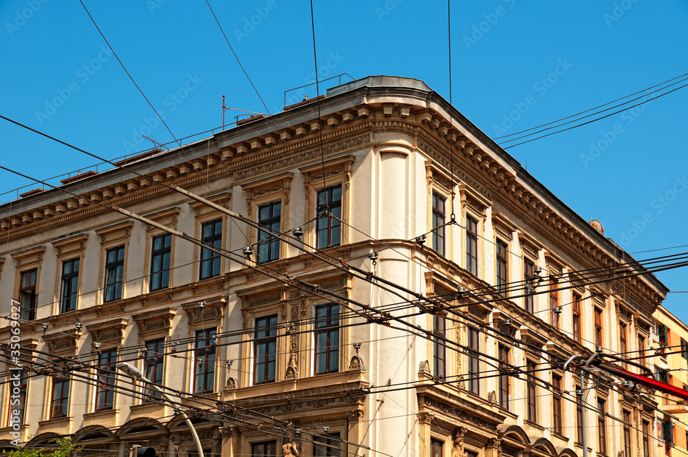 Apartment building and trolley bus wires in Budapest, Hungary