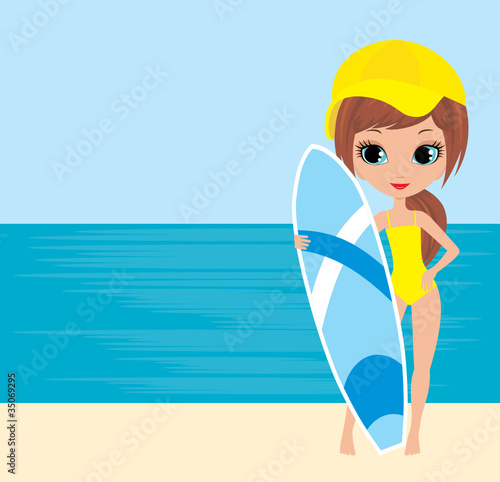 Pretty girl with a surfboard. vector