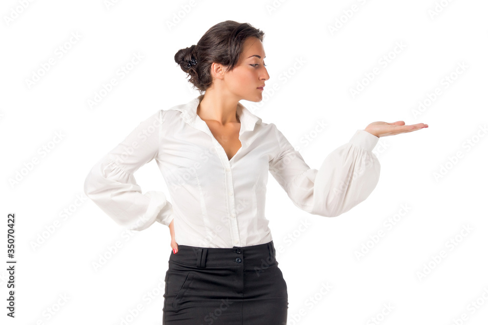 Young business woman show something on her left hand Young business woman show something on her left hand