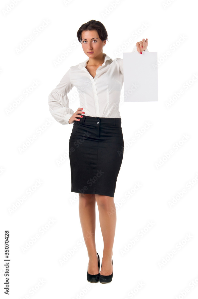 Young dark haired business woman show blank paper page Young dark haired business woman show blank paper page