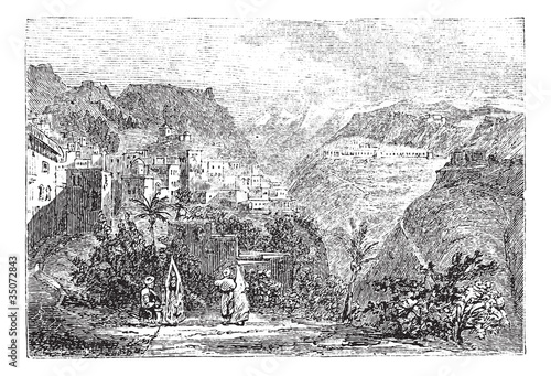 Deir el Qamar in Lebanon, vintage engraving