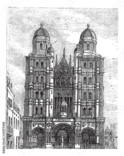 Dijon Cathedral in Burgundy, France, vintage engraving