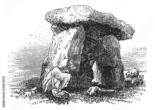 Dolmen or Portal Tomb or Portal Grave, vintage engraving