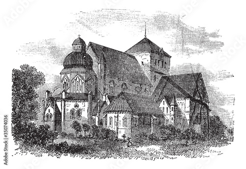 Nidaros Cathedral in Trondheim, Norway, vintage engraving