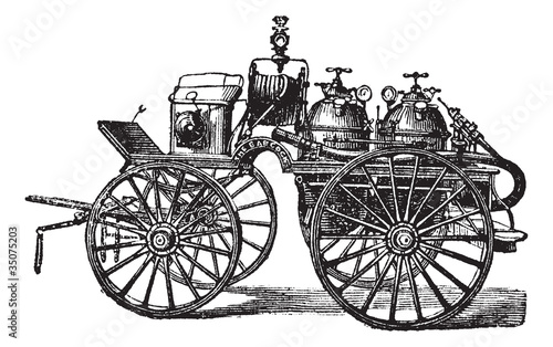 Horse-driven Fire Wagon, vintage engraved illustration