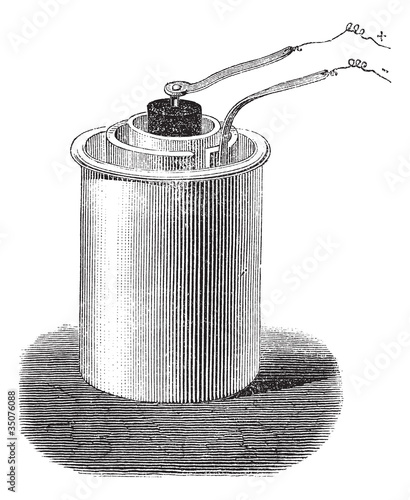 Bunsen cell or battery, vintage engraving.