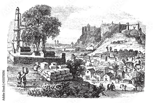 Canal and buildings at Hamburg,Germany vintage engraving