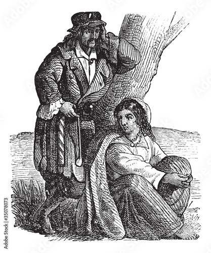 Young gypsy couple by tree vintage engraving