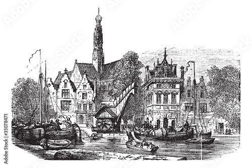 Grain market and Saint-Bavochurch docks, in Haarlem,  Netherland