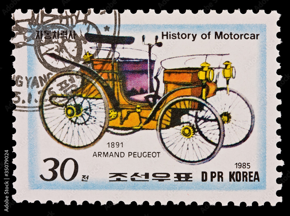 DPR KOREA - CIRCA 1985: motorcar, Armand Peugeot 1891.