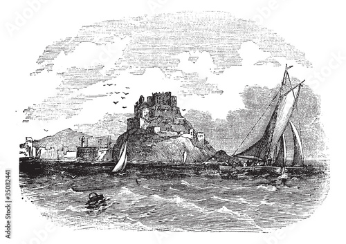 Mont Orgueil Castle in Jersey vintage engraving