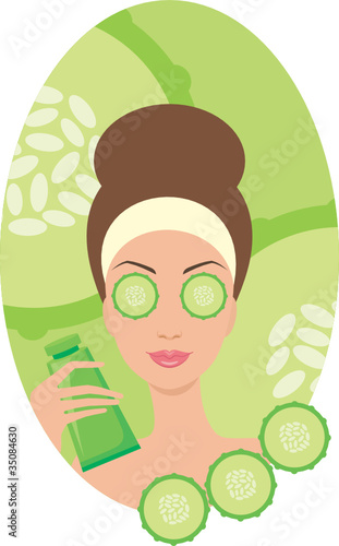 Young woman with a cucumber in the face of. vector