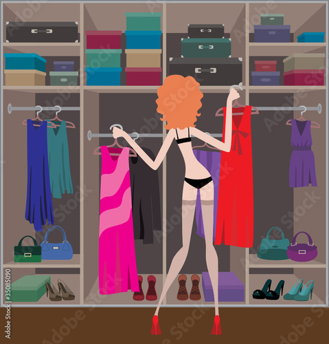 Woman in a wardrobe room. vector,