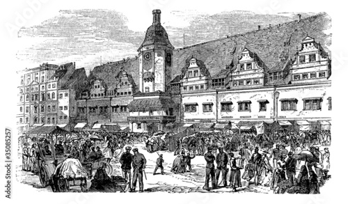 City Hall and market place in Leipzig, Germany, vintage engravin