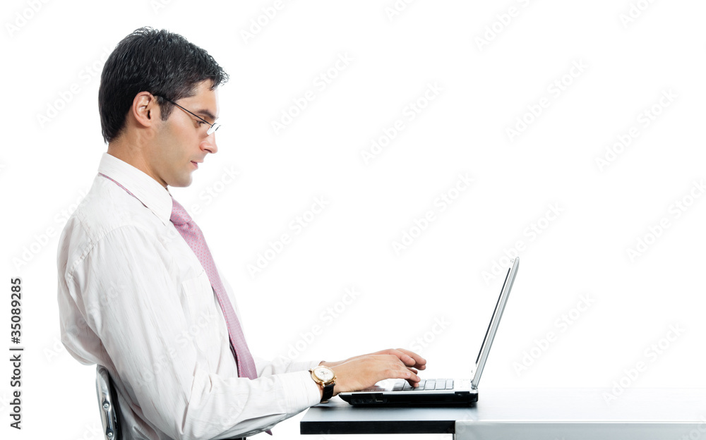 Portrait of businessman working with laptop, isolated Portrait of businessman working with laptop, isolated
