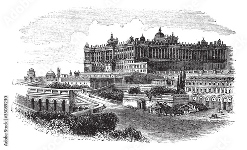 The Royal Palace of Madrid in Spain vintage engraving
