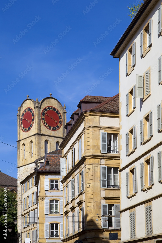 Clock tower in the old town of Neuchatel, Switzerland