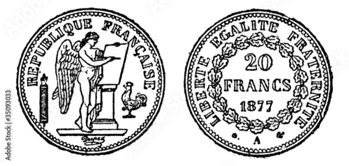 Gold coin of 20 francs, vintage engraving. photo