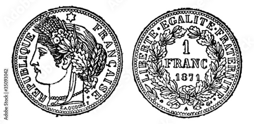 Piece of silver 1 franc, vintage engraving