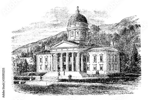 The State Capitol Building in Montpelier, Vermont, vintage engra