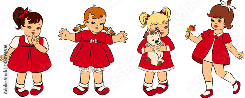 Vintage cartoon little girls. Vector set