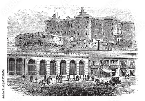Castel Nuovo in Naples, Campania, Italy, vintage engraved illust