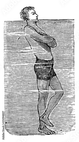 Balancing on One Foot in Water, vintage engraved illustration