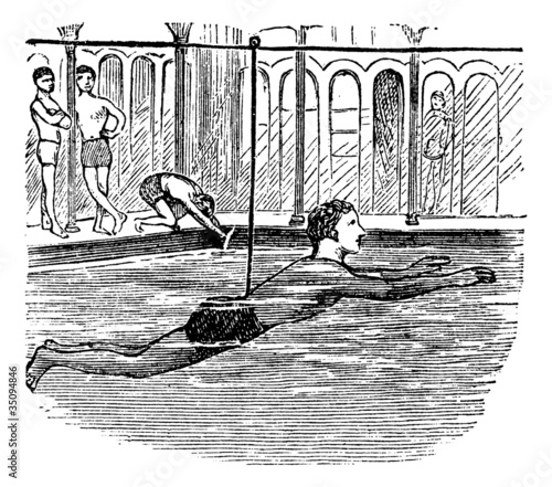 Learning to Swim with the Aid of a Rope, vintage engraved illust