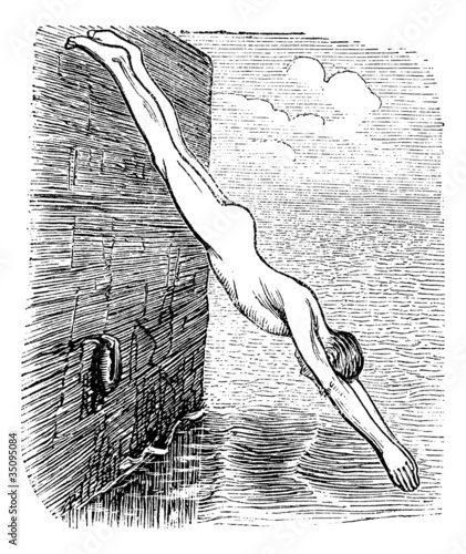 Position During Diving, vintage engraved illustration