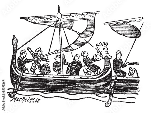 Norman Ship from the Bayeux Tapestry, vintage engraved illustrat