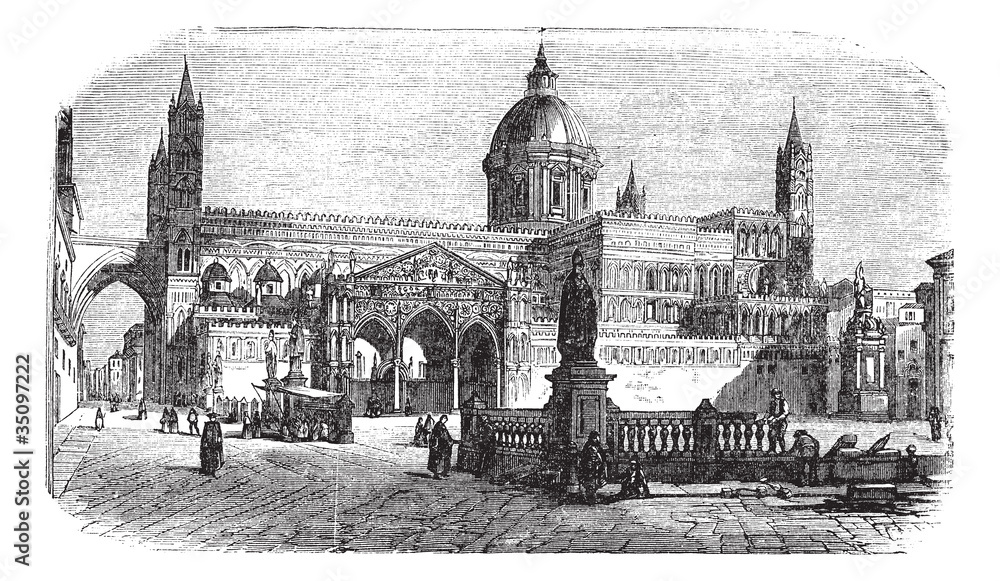 Fototapeta premium Cathedral of Palermo in Palermo Sicily Italy vintage engraving