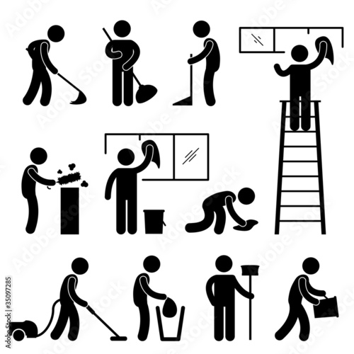 Clean Wash Wipe Vacuum Cleaner Worker Pictogram Sign