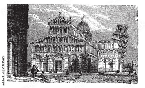 Leaning Tower, cathedral and baptistery of Pisa, vintage engravi