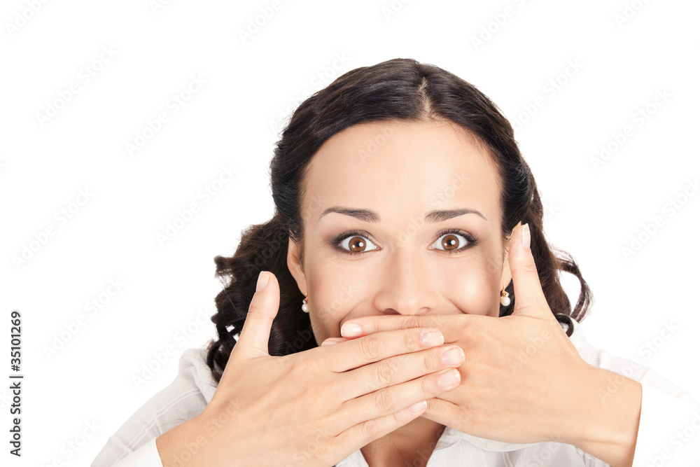 Business woman covering mouth, isolated
