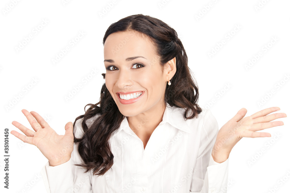 Happy gesturing smiling business woman, isolated Happy gesturing smiling business woman, isolated