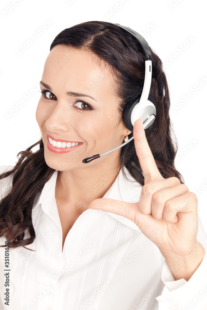 Support operator showing two fingers, on white Support operator showing two fingers, on white