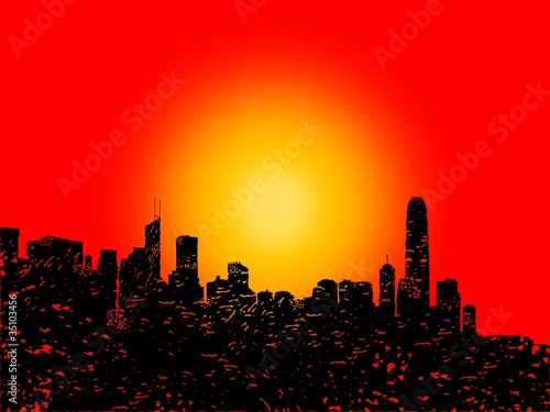 Grunge Hong Kong skyline with abstract sunset illustration