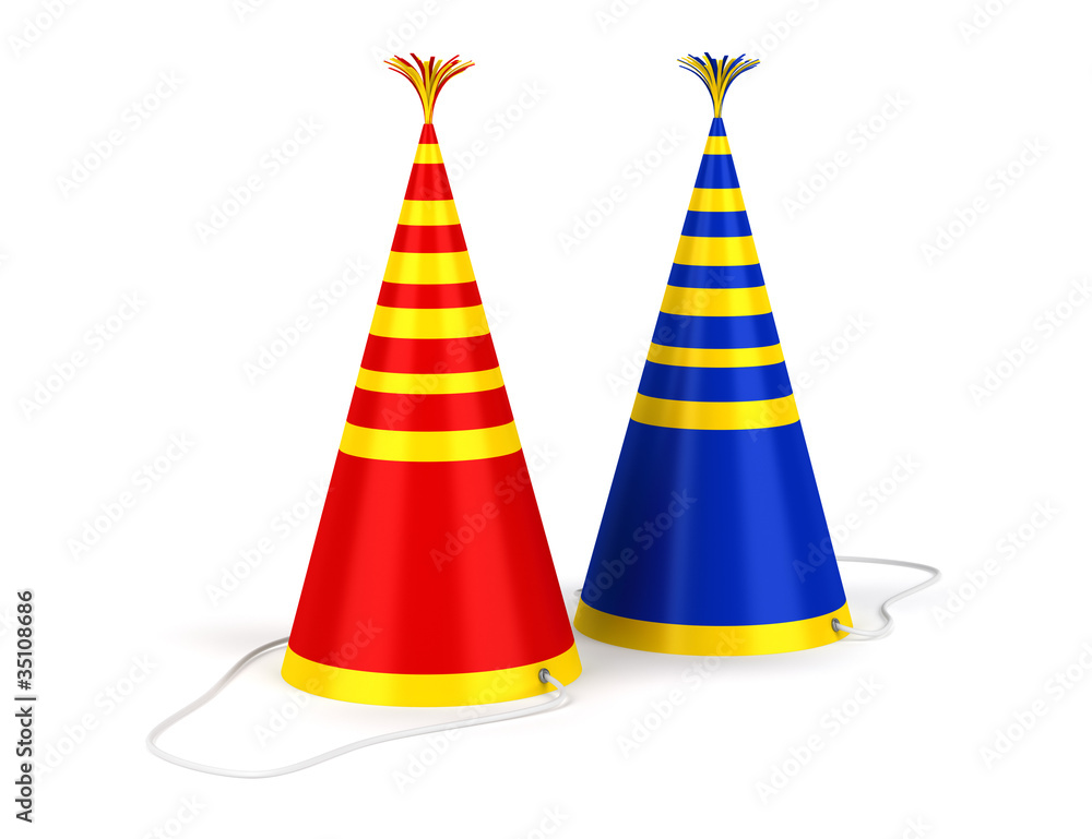 two colored stripped birthday caps isolated on white background two colored stripped birthday caps isolated on white background