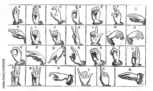One-handed manual alphabets vintage engraving