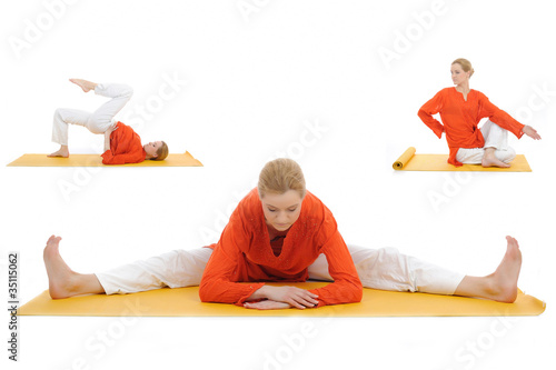 collage yoga photos. young woman stretching photo