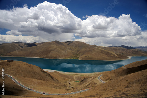 Road through Himalaya mountains near lake