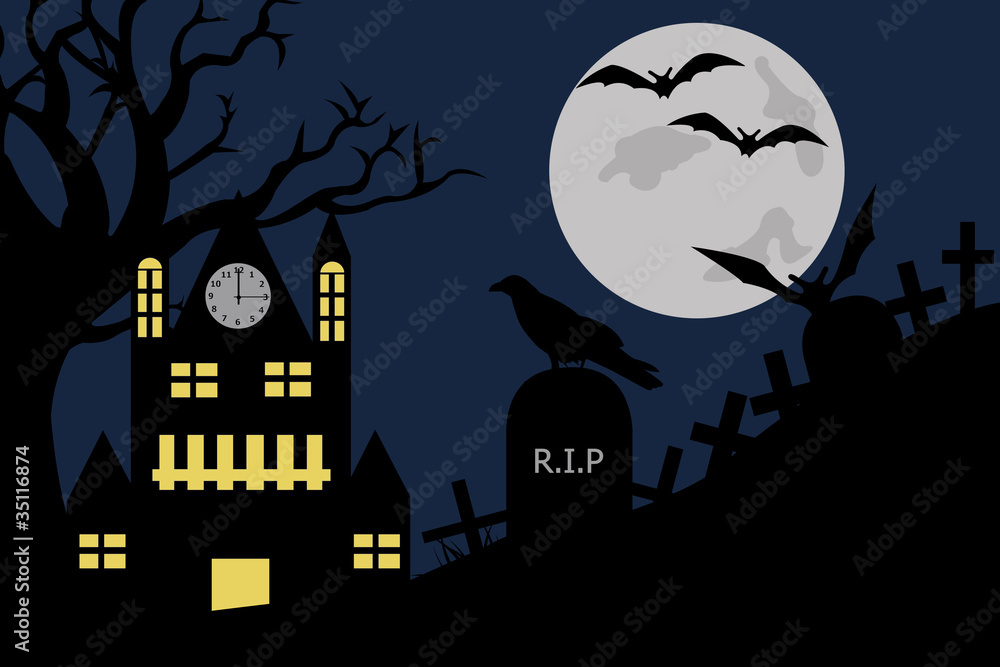 Halloween illustration of a house in cemetery
