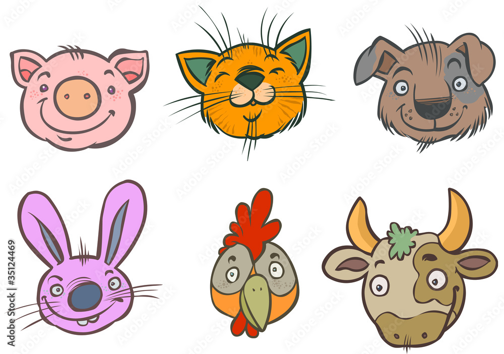Cartoon faces of Domestic Animals. Cartoon faces of Domestic Animals.