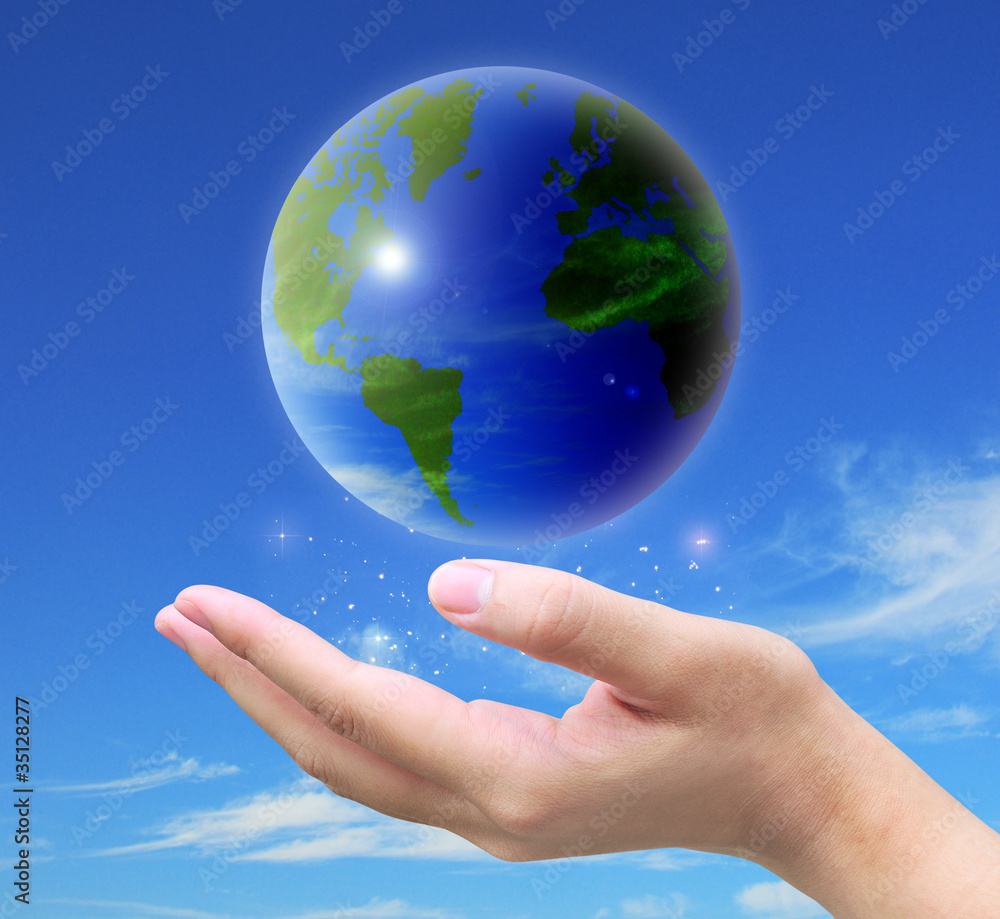world and women hand on white background world and women hand on white background
