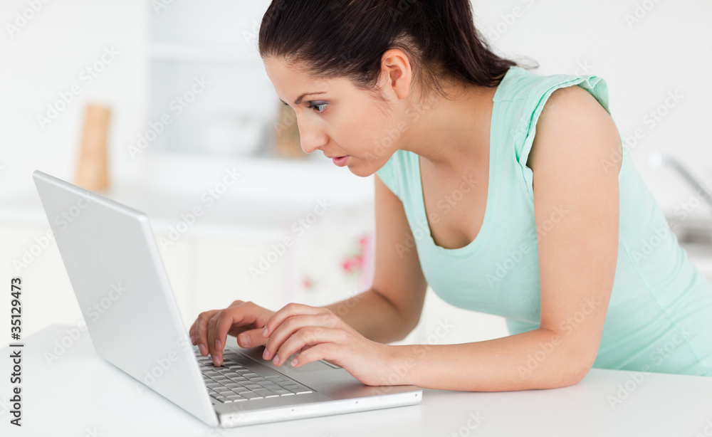 Young woman at her laptop in kitchen Young woman at her laptop in kitchen